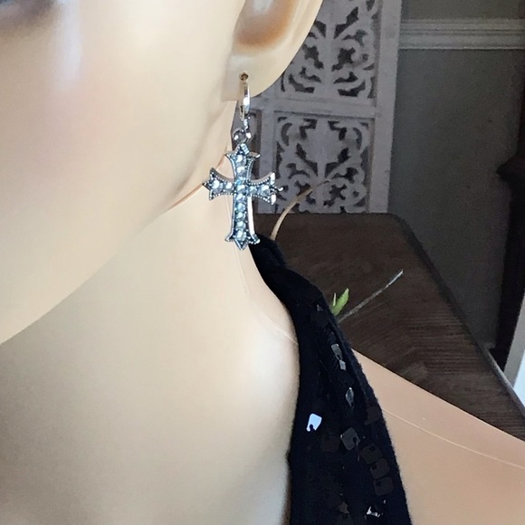 NWOT Crystal 925 Sterling Silver Cross Religious Dangle Earrings & Pendant Set - Picture 5 of 6